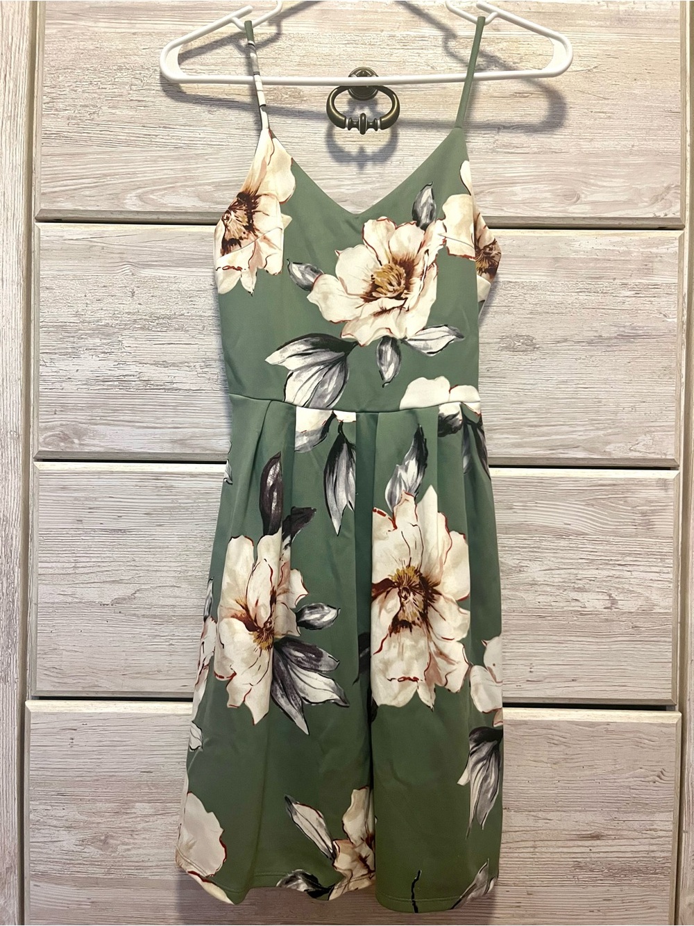 Monteau Olive Green Floral Midi Dress with Cream Blooms
